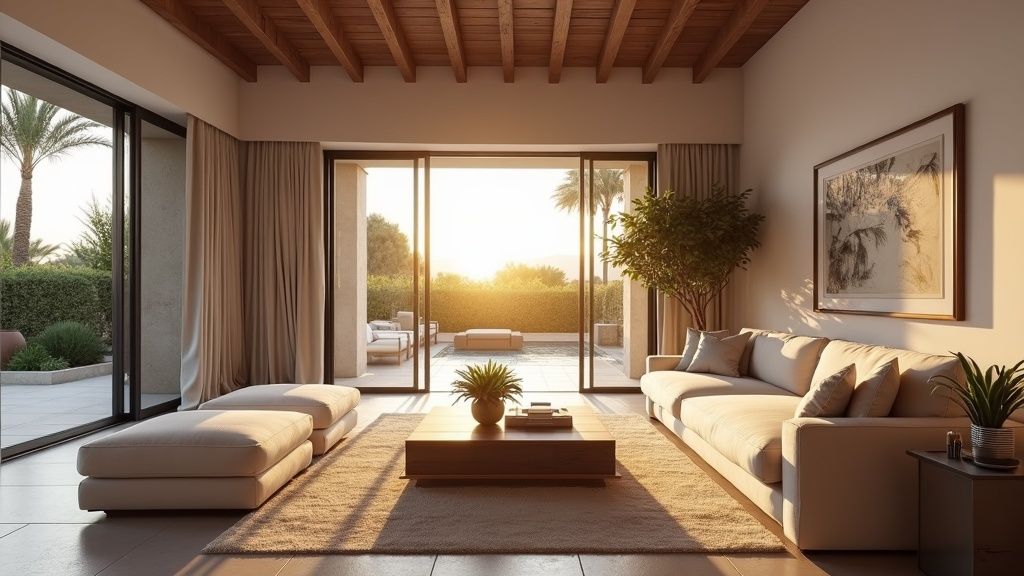 Activiteiten per seizoen Costa del Sol: Ruime luxe woonkamer met terras, ideale overweging voor lifestyle in Andalusische woning.
