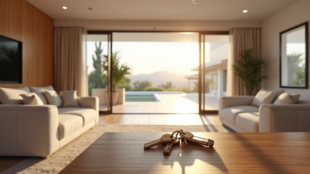 Keys on table in sleek, move-in ready luxury Costa del Sol home. Embrace the mediterrane levensstijl Costa del Sol.