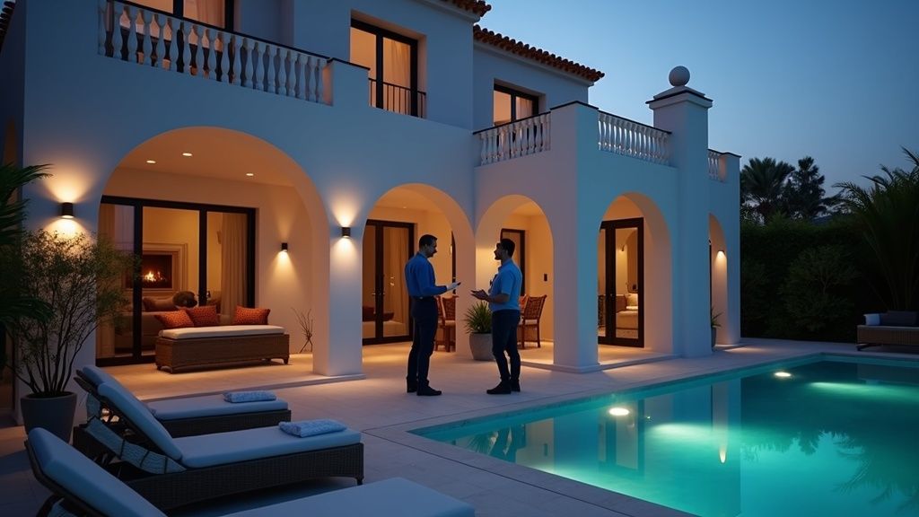 Avara olohuone Costa del Solissa, jossa modernit kalusteet, espanjalaiset design-elementit ja terassi. Kosteus ja kiinteistön ylläpito Costa del Sol.