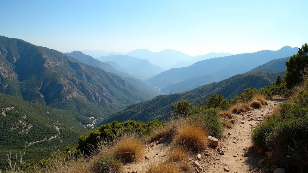 Mountain view from Sierra de Mijas near Sierra Bermeja, Costa del Sol: sunlit hiking trails, nature, and outdoor lifestyle.