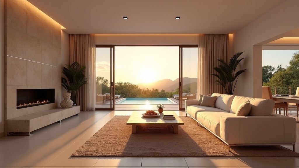 Luxuriöses Neubau-Wohnzimmer an der Costa del Sol; moderne Eleganz & Naturanbindung.