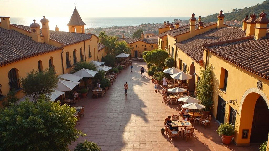 Vues aériennes d'une place de ville animée de la Costa del Sol. Dîners en plein air sous un ciel après-midi doux, soulignant la biodiversité locale riche Costa del Sol et le style de vie espagnol.