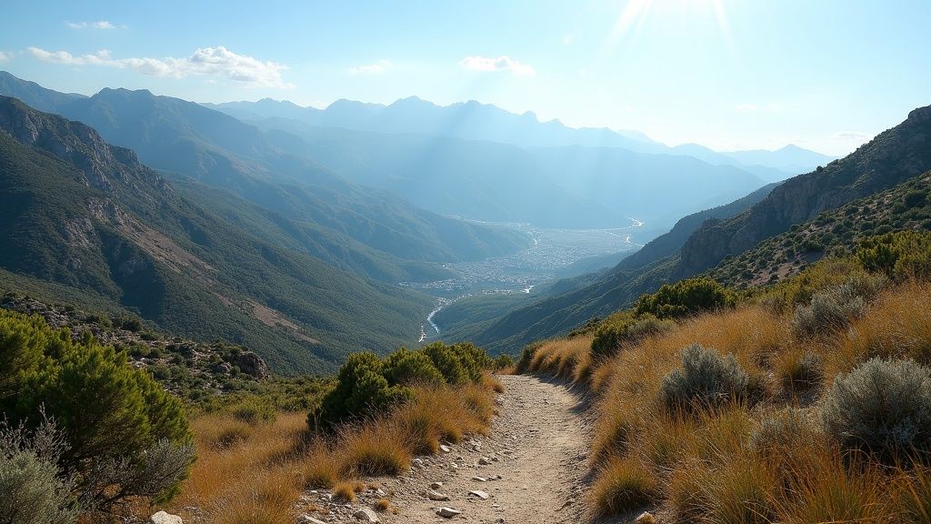 Sierra Blanca hegyek hiking útvonalain lenyűgöző tengerparti életmód, Costa del Sol egészséges napsütésben.
