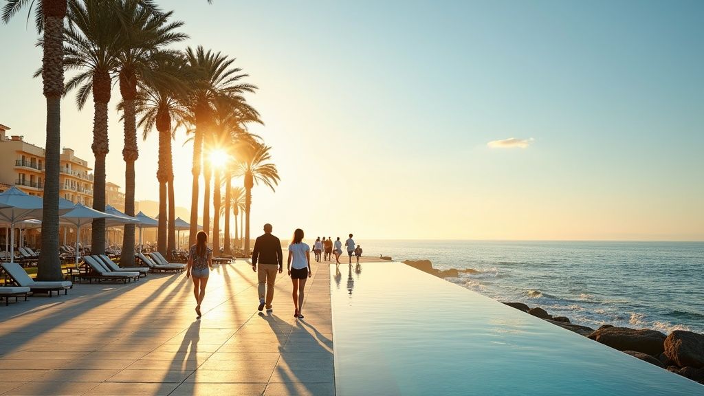 Saubere Meeresluft Costa del Sol: Menschen genießen die Strandpromenade im goldenen Morgenlicht am Mittelmeer.