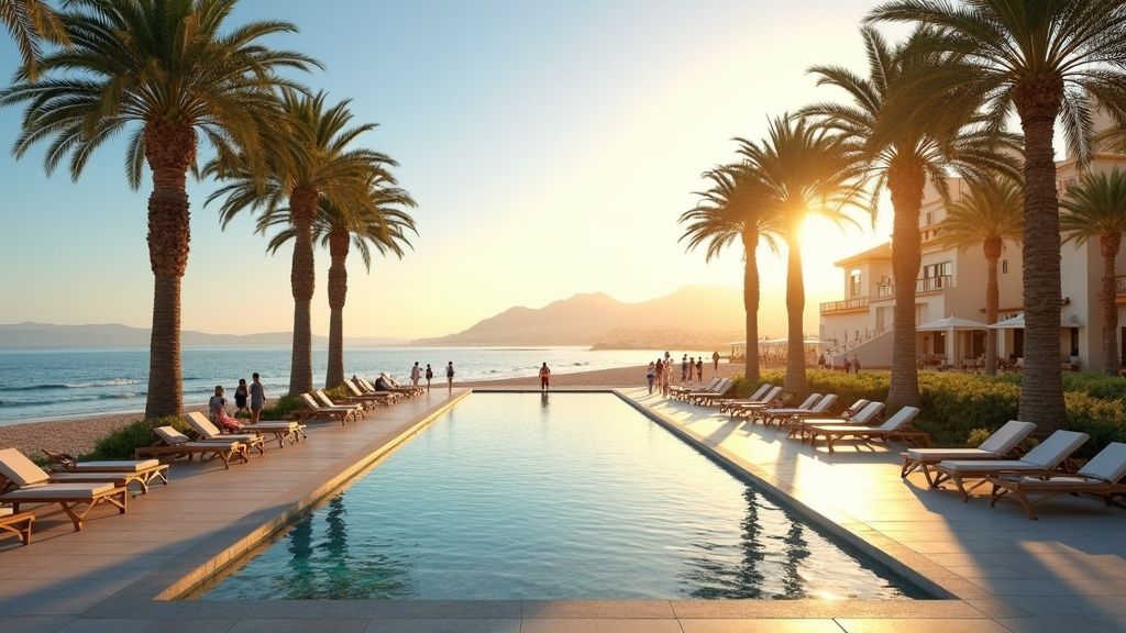 Morgenliv ved Middelhavet Costa del Sol: Strandpromenade med palmer, mennesker og hav i gyldent lys.