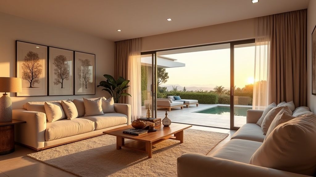 Luksuriøs vinterresidens på Costa del Sol: Elegant stue med utsikt, perfekt for komfort og avslapning.