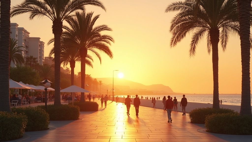 Costa del Sol wellness: Sunset stroll on a beach promenade, inspiring luxury spas Spain & coastal lifestyle.