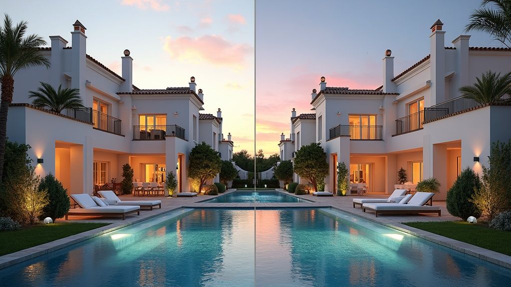 Side-by-side comparison of two distinct Costa del Sol properties, highlighting varied architecture, interiors & prices, aiding investment choices in best places to invest Costa del Sol.