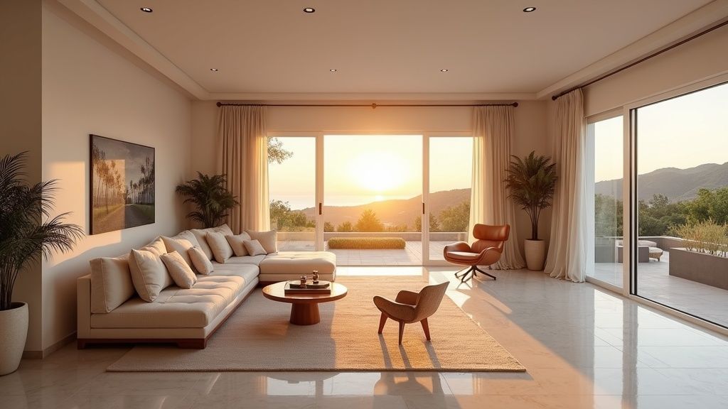 Sijoituskohde Costa del Solilla: Tilava olohuone, Välimeren ilmasto, valoa hehkuva sisustus, terassiyhteys. Euroopan aurinkoisin alue.