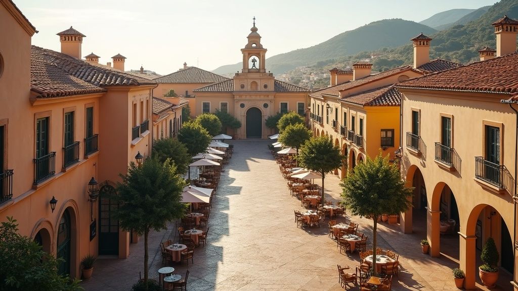 Levendige Costa del Sol plaza onder zachte zon, symbool van het rijke leven en biodiversiteit Zuid-Spanje Costa del Sol.