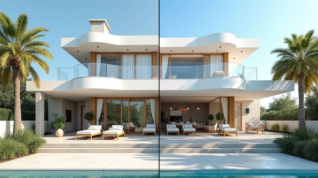 Costa del Sol vacation property comparison: luxury vs. authentic, showcasing architectural and interior layout differences.