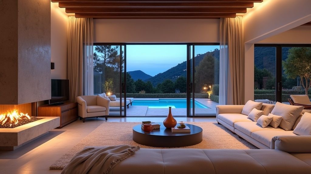 Luksuriøst spansk hjem: middelhavskost, fysisk & mental balance på Costa del Sol. Rummelig stue med terrasse.