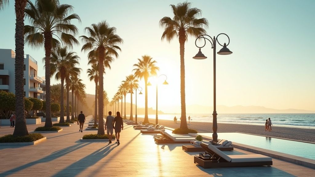 Golden morning light on Costa del Sol beach promenade, palm trees, and people walking, showcasing wellness Costa del Sol lifestyle.