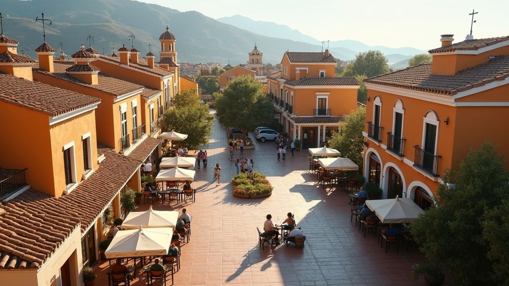 Outdoor-Leben Costa del Sol: Charmante Plaza mit Außenrestaurants, um das Strandnähe & Meerblick Lebensgefühl zu erleben.