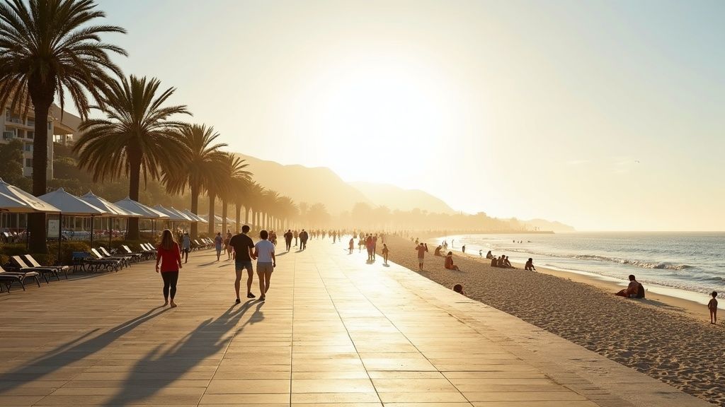 Ensoleillement abondant Costa del Sol: Promenade en front de mer avec palmiers et mer, favorisant la production de vitamine D et l'amélioration de la santé mentale.