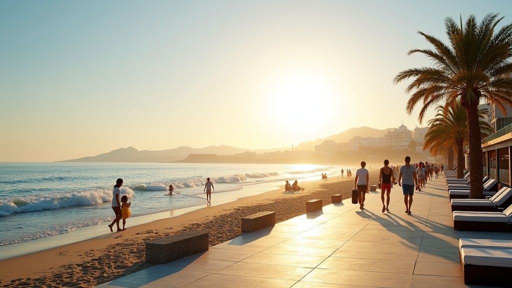 mediterrán éghajlat egészséges életmód costa del sol 320 napsütéses nap: Tengerparti sétány pálmákkal, emberekkel, aranyló reggeli fényben.