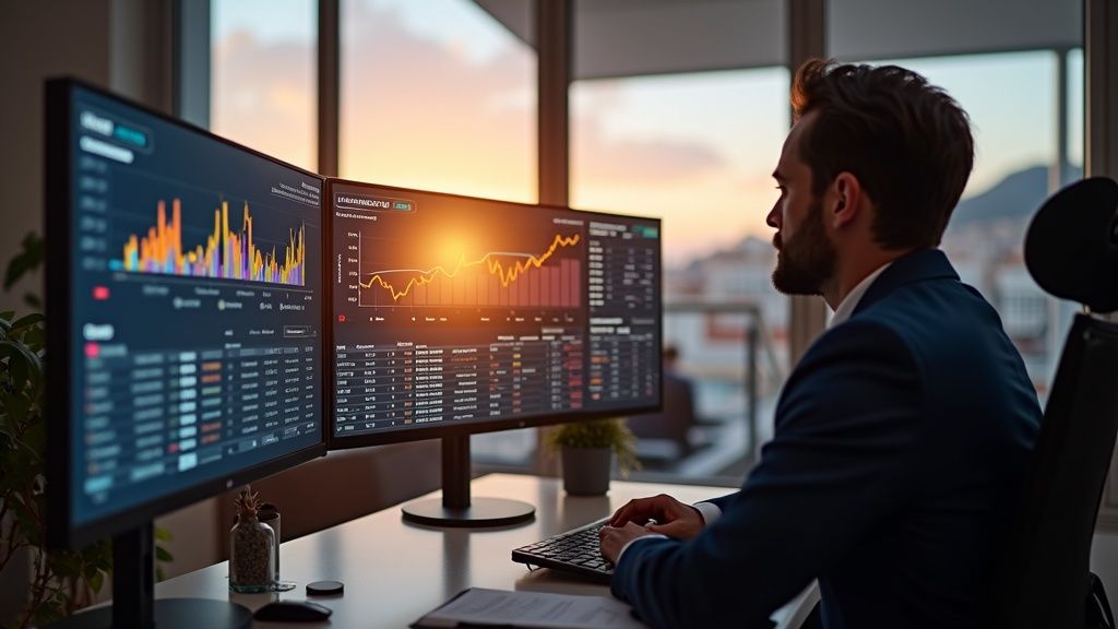 Rental performance property Costa del Sol Málaga Airport analysis: consultant reviewing ROI charts in modern office.