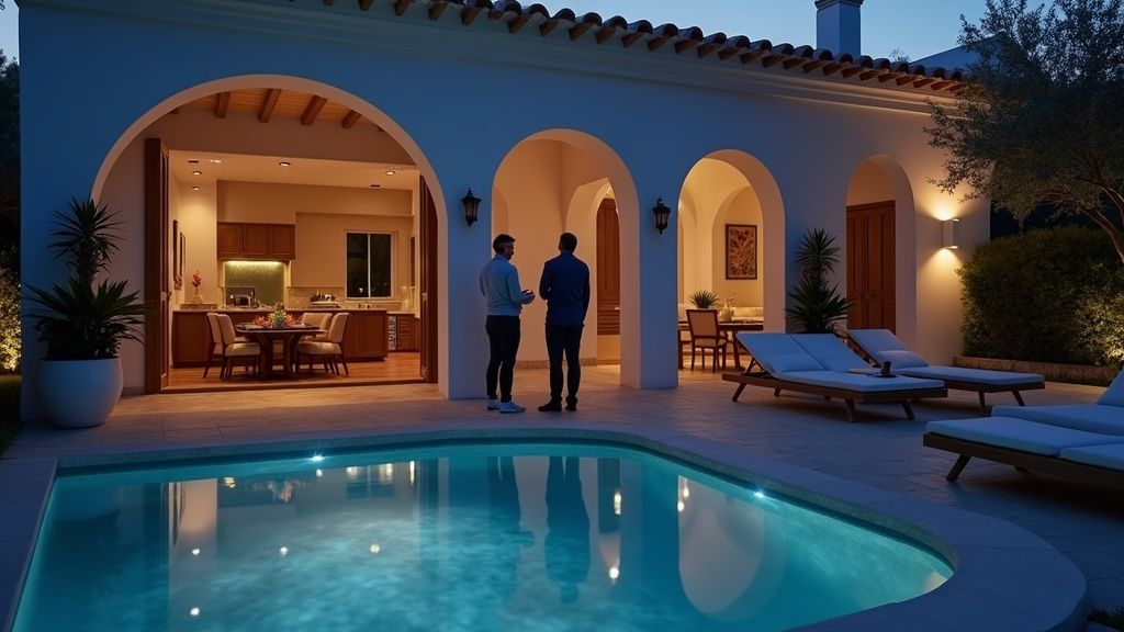 International buyers during a real property viewing in Costa del Sol, exploring interior features and discussing required documents for buying property Costa del Sol.