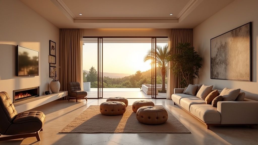 Luxury living room in Costa del Sol, natural light, modern design. Ideal for comparing properties and understanding temperatury Costa del Sol.