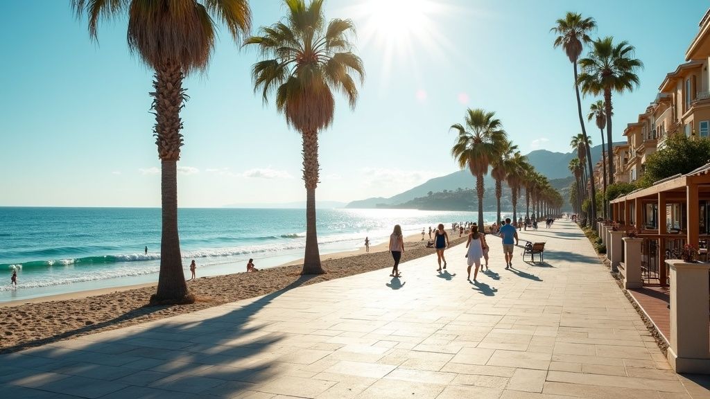 Enjoy the Costa del Sol lifestyle. Learn about Spanish property taxes for UK buyers while strolling this sunny beach promenade.