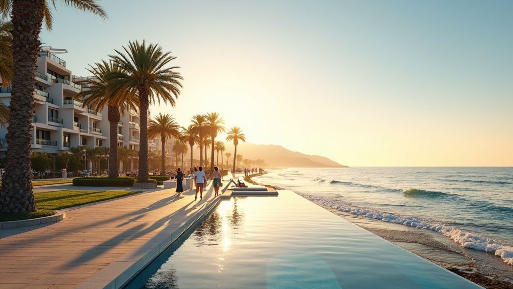 Promenade ensoleillée avec palmiers et mer, idéal pour une retraite dorée en climat méditerranéen sur la Costa del Sol.