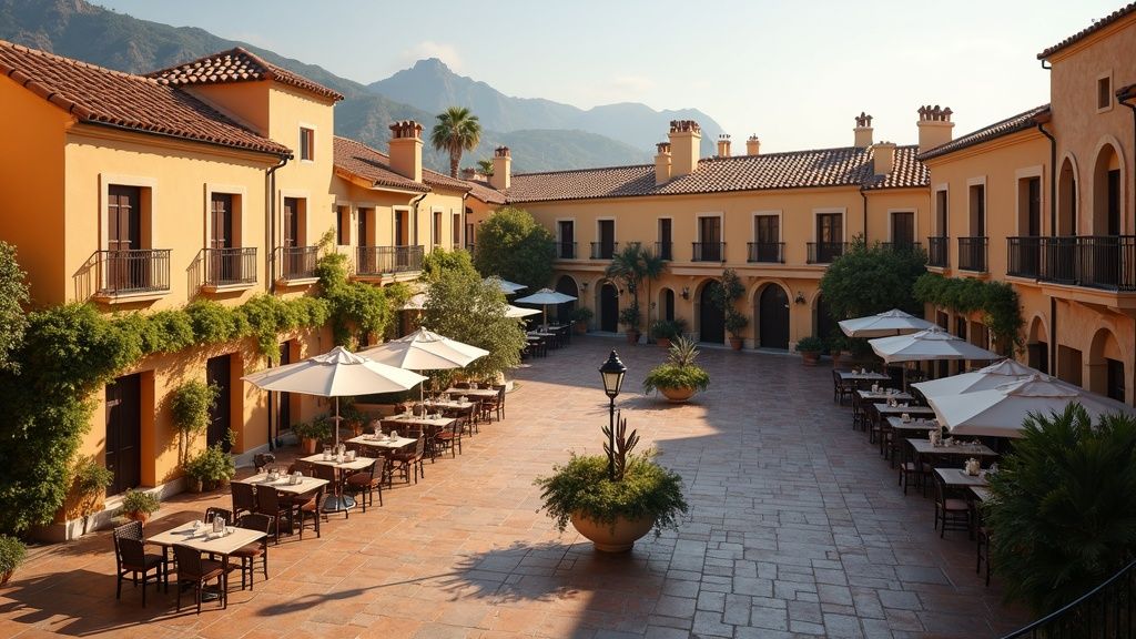 Zima w Andaluzji, pogoda Hiszpania południe: Urokliwy plac na Costa del Sol, słońce, relaks, życie luksusowe.