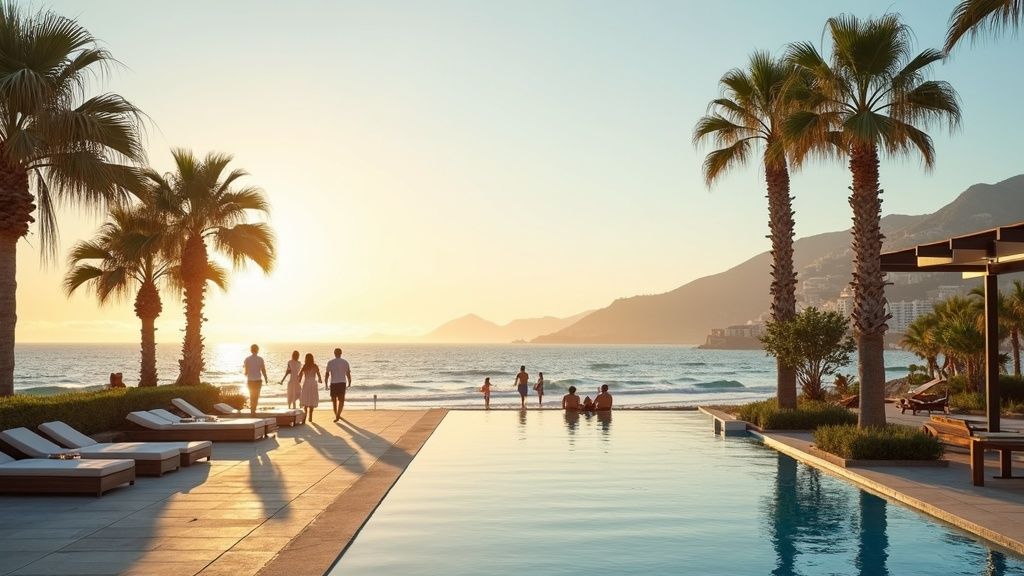 Coastal lifestyle Costa del Sol: beach promenade, palm trees, sea, golden light, természet közelsége Costa del Sol.