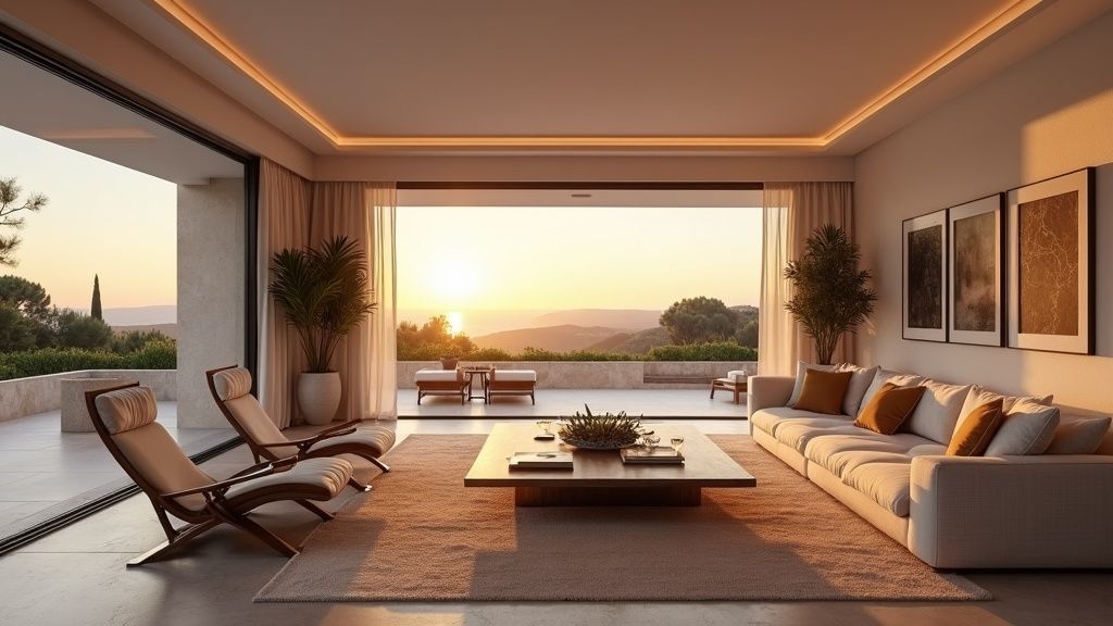 Luksuriøs stue i Costa del Sol med solnedgang, perfekt for en aktiv livsstil ved havet med vannsport og golf ved kysten.