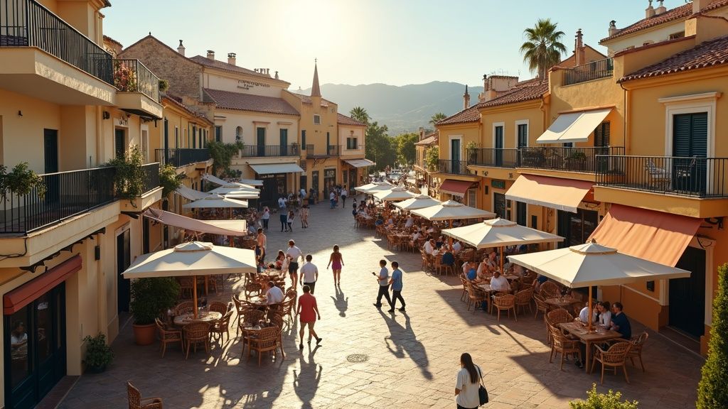 Charming Costa del Sol town plaza, traditional Spanish architecture, outdoor dining – inspiring thalassoterapi Costa del Sol termalbade lifestyle.
