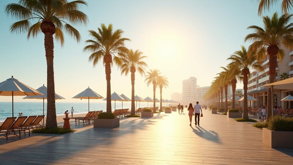 Promenade ensoleillée Costa del Sol. Découvrez la vie rêvée pour ouvrir un compte bancaire Espagne.