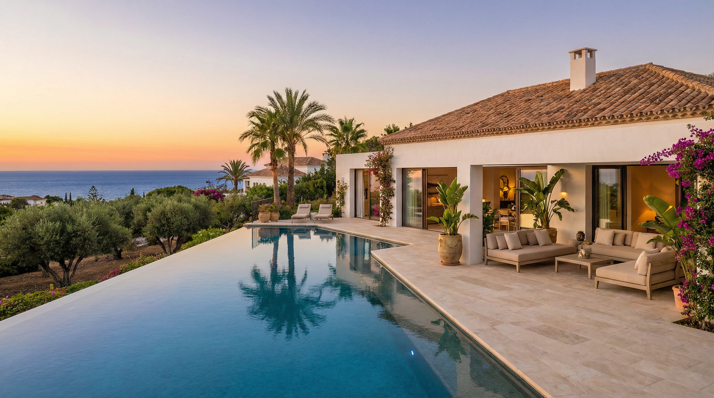 A modern new-build property overlooking the Mediterranean Sea in Costa del Sol, Spain, showcasing contemporary architecture and luxury living.