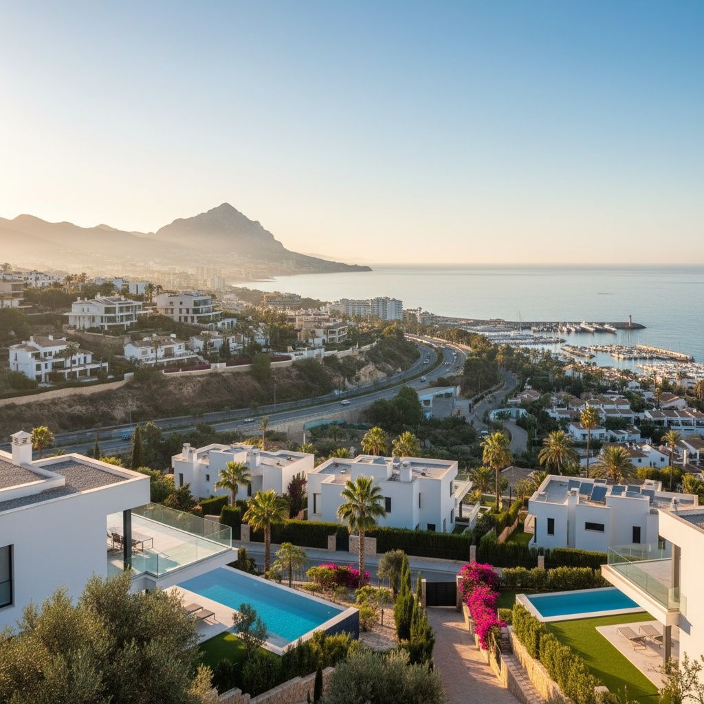 A hyper-realistic, high-resolution photograph of the Costa del Sol coastline at sunrise, taken from a hillside viewpoint over
