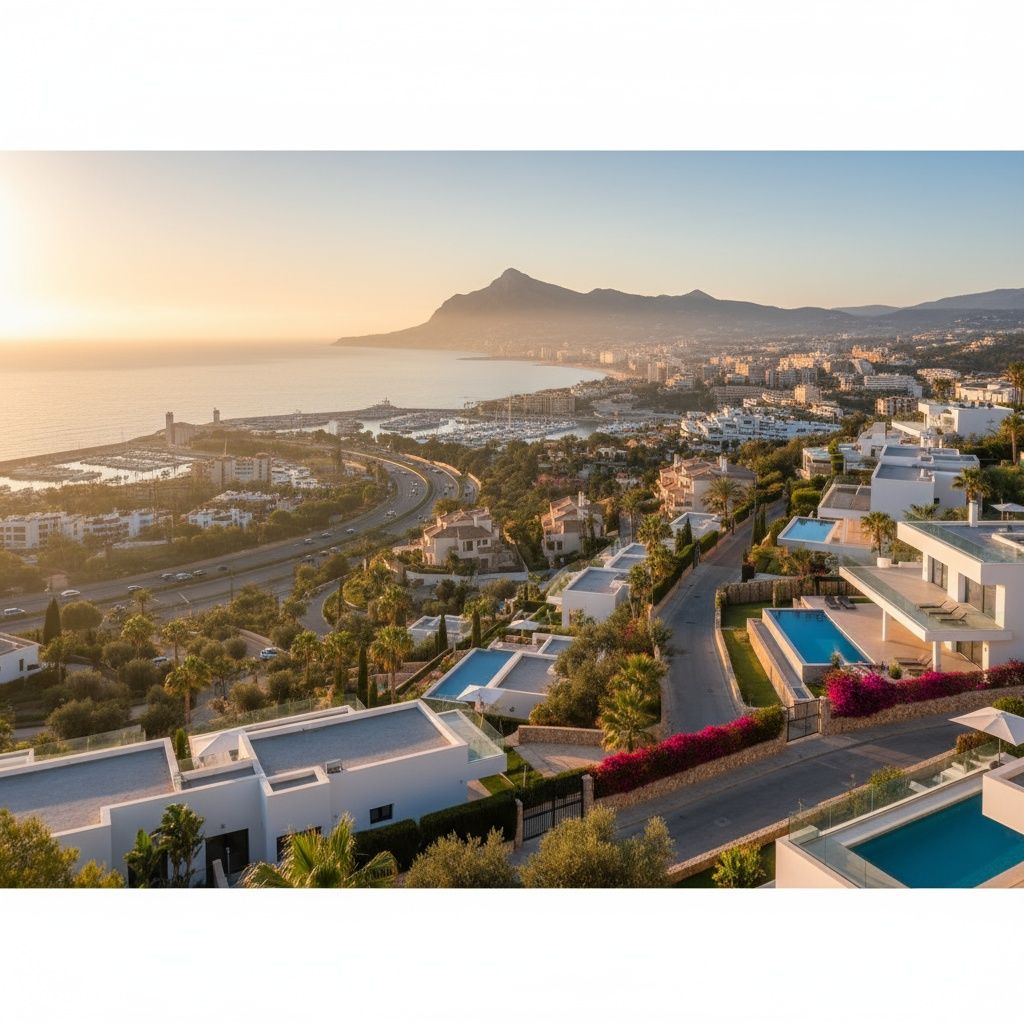 A hyper-realistic, high-resolution photograph of the Costa del Sol coastline at sunrise, taken from a hillside viewpoint over