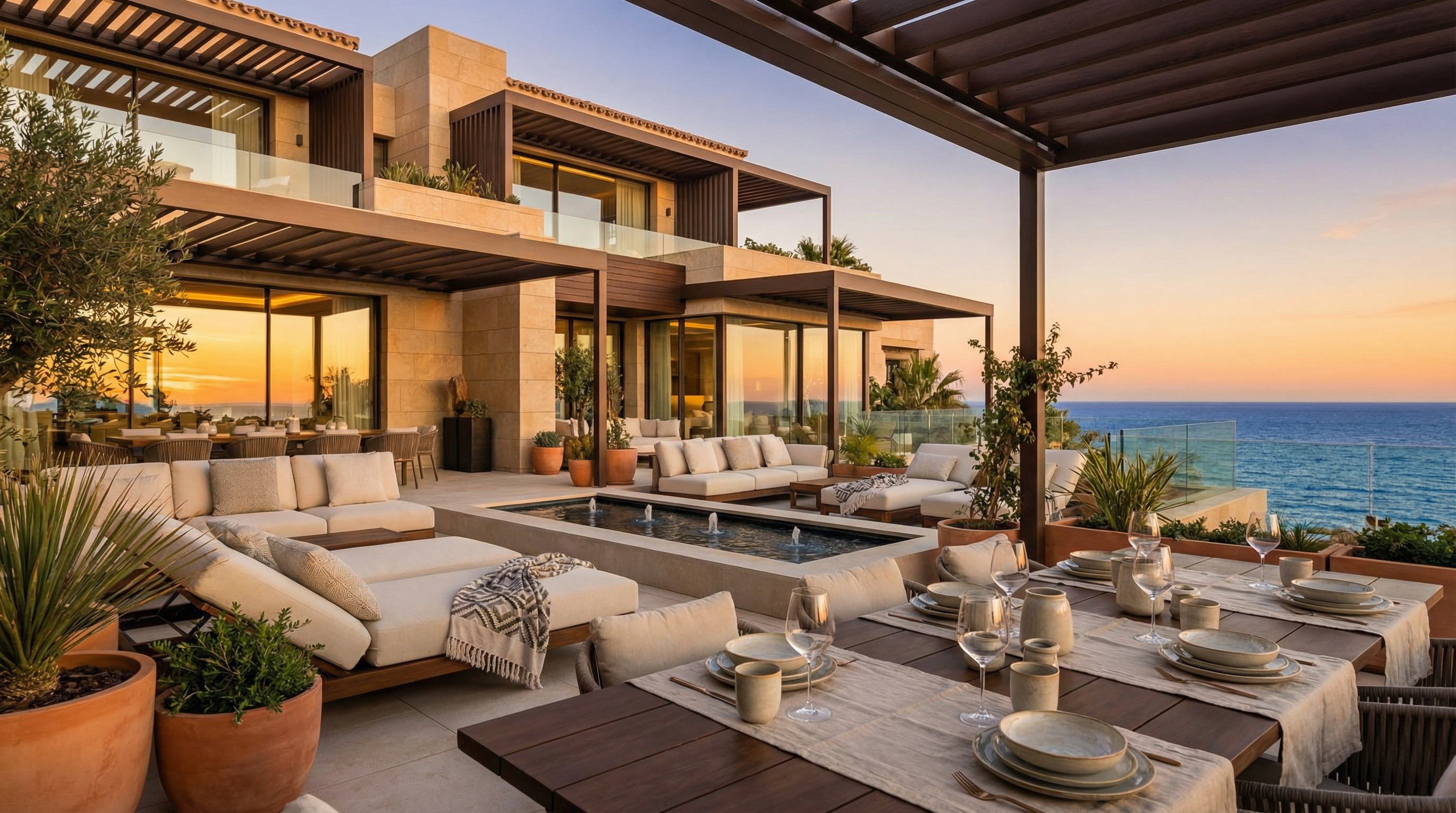 Een adembenemende zonsondergang boven een luxe branded residence aan de Costa del Sol, met een modern Mediterraan ontwerp en prachtig uitzicht op de zee.