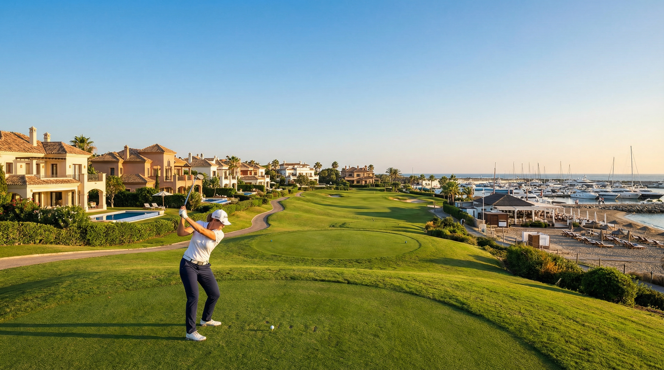 Panoramaansicht eines luxuriösen Golfplatzes an der Costa del Sol, umgeben von mediterranen Villen, blühenden Fairways und einem blauen Himmel.