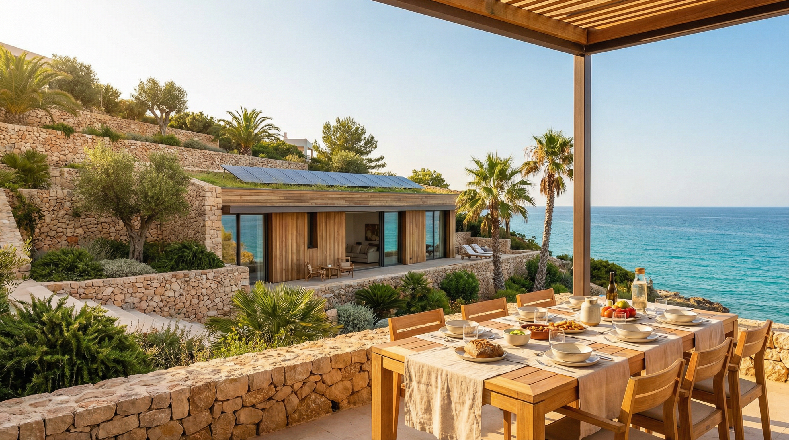 A modern sustainable villa terrace overlooking the Mediterranean Sea in Costa del Sol, featuring solar panels and lush greenery at golden hour.