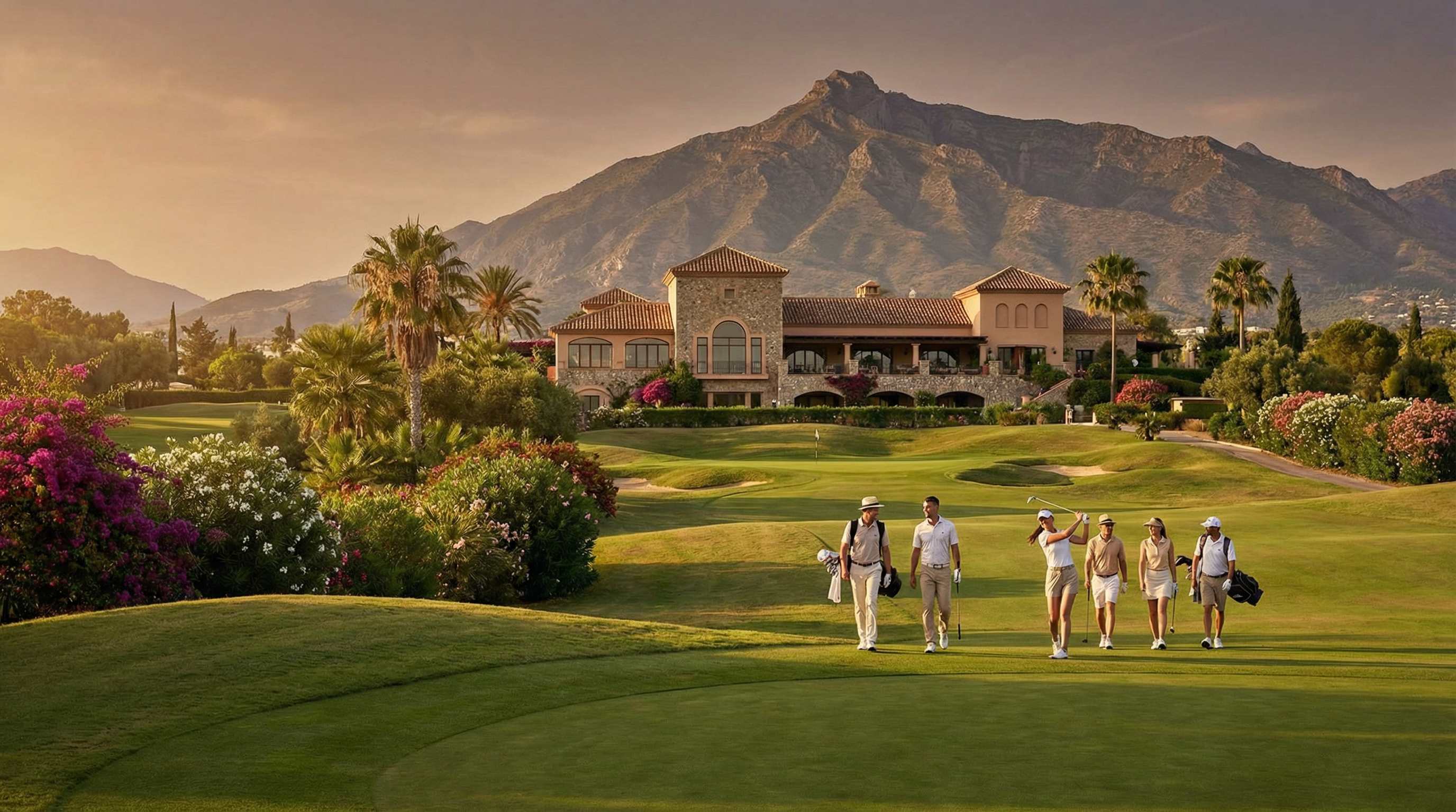 Vue panoramique d'un prestigieux parcours de golf sur la Costa del Sol, avec des golfeurs en action, entouré de la végétation vibrante et des montagnes de la Sierra Blanca au coucher du soleil.