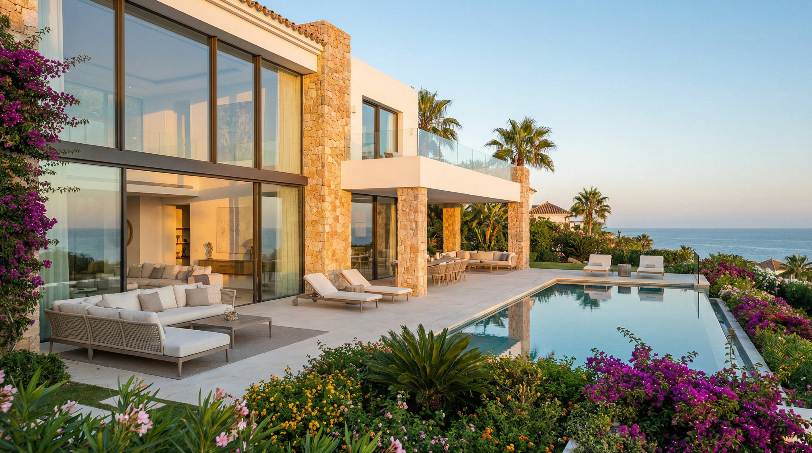 Moderne villa aan de Costa del Sol met uitzicht op de Middellandse Zee en een prachtige tuin, ideaal voor pensioenleven.
