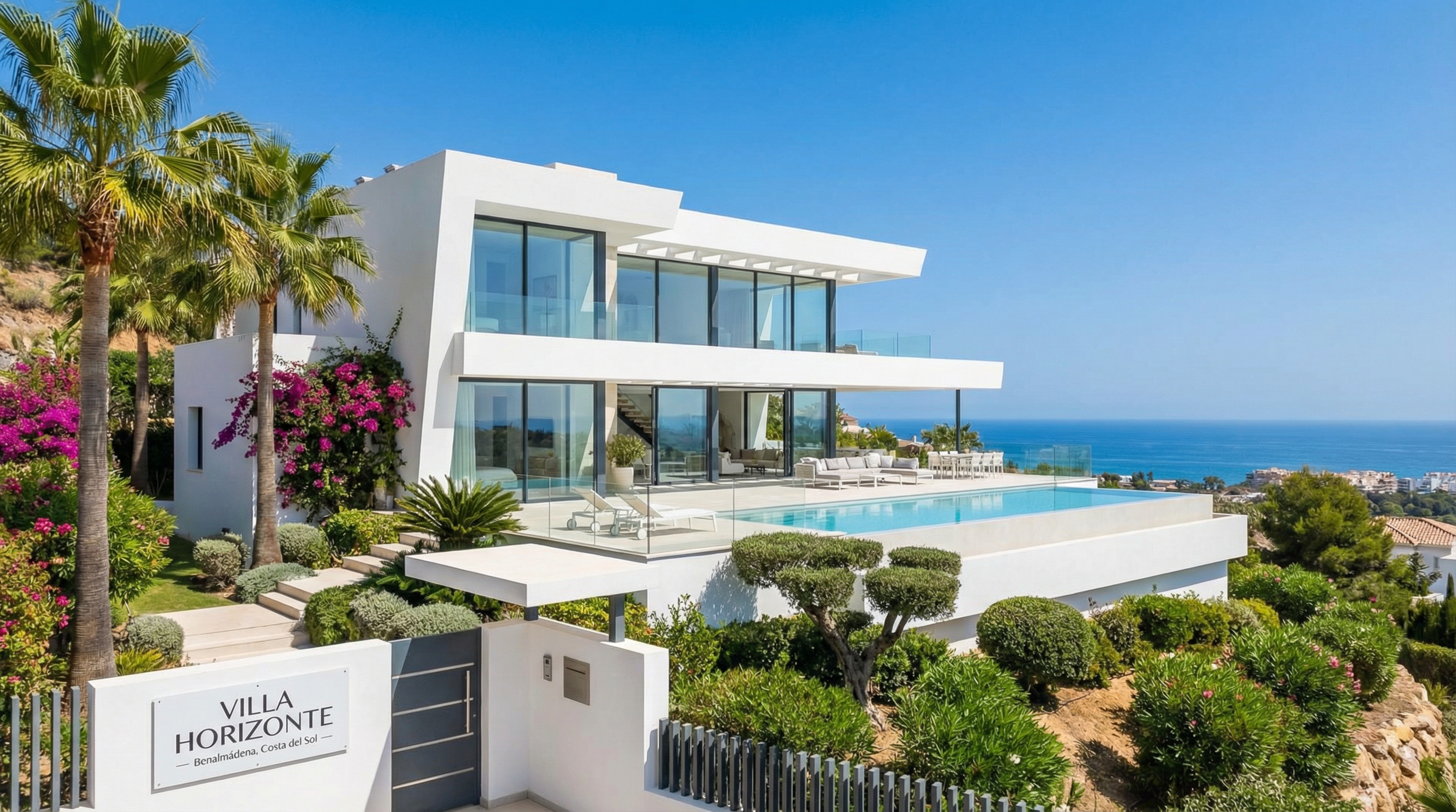 Aerial view of Benalmádena, Costa del Sol showing Mediterranean coastline, luxury properties, and buying property opportunities