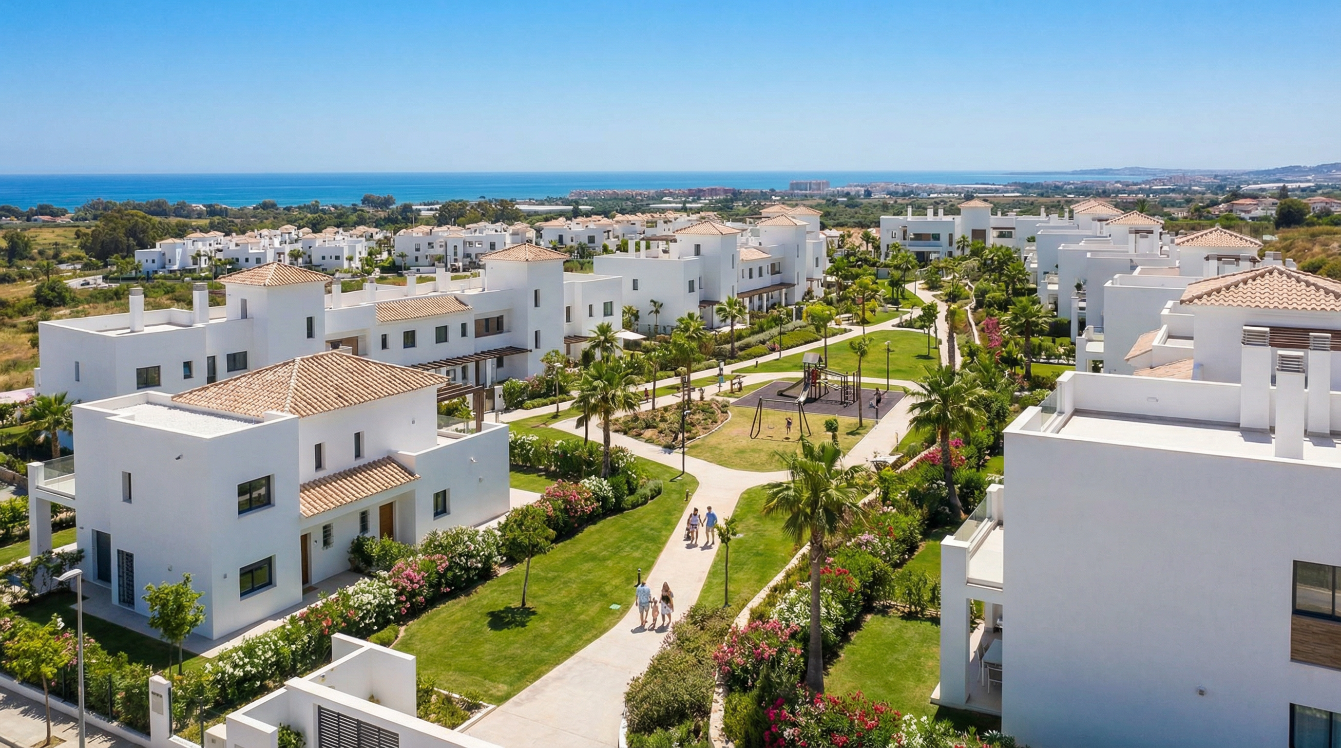 Aerial view of Estepona, Costa del Sol showing Mediterranean coastline, luxury properties, and best areas families opportunities