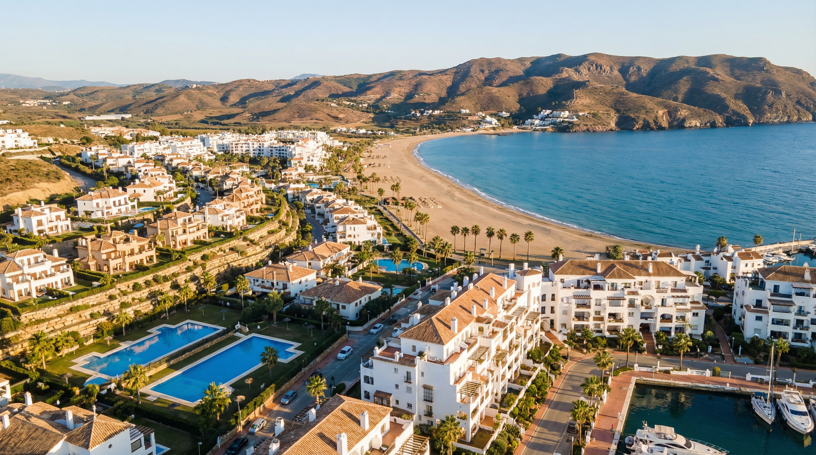 Aerial view of Manilva, Costa del Sol showing Mediterranean coastline, luxury properties, and best areas families opportunities