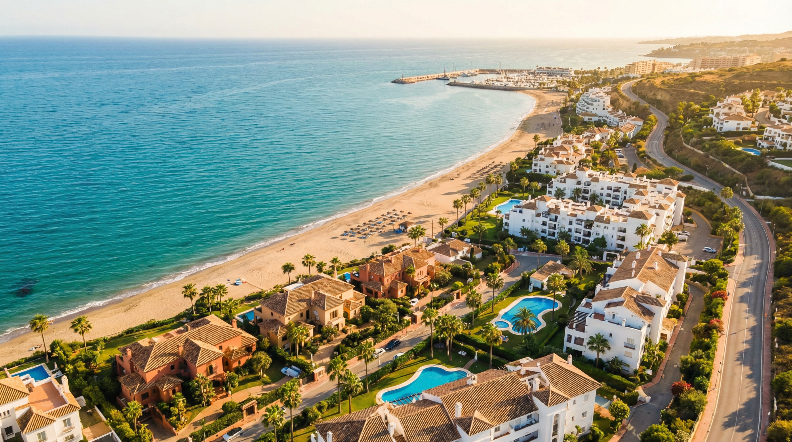Aerial view of Manilva, Costa del Sol showing Mediterranean coastline, luxury properties, and best areas families opportunities