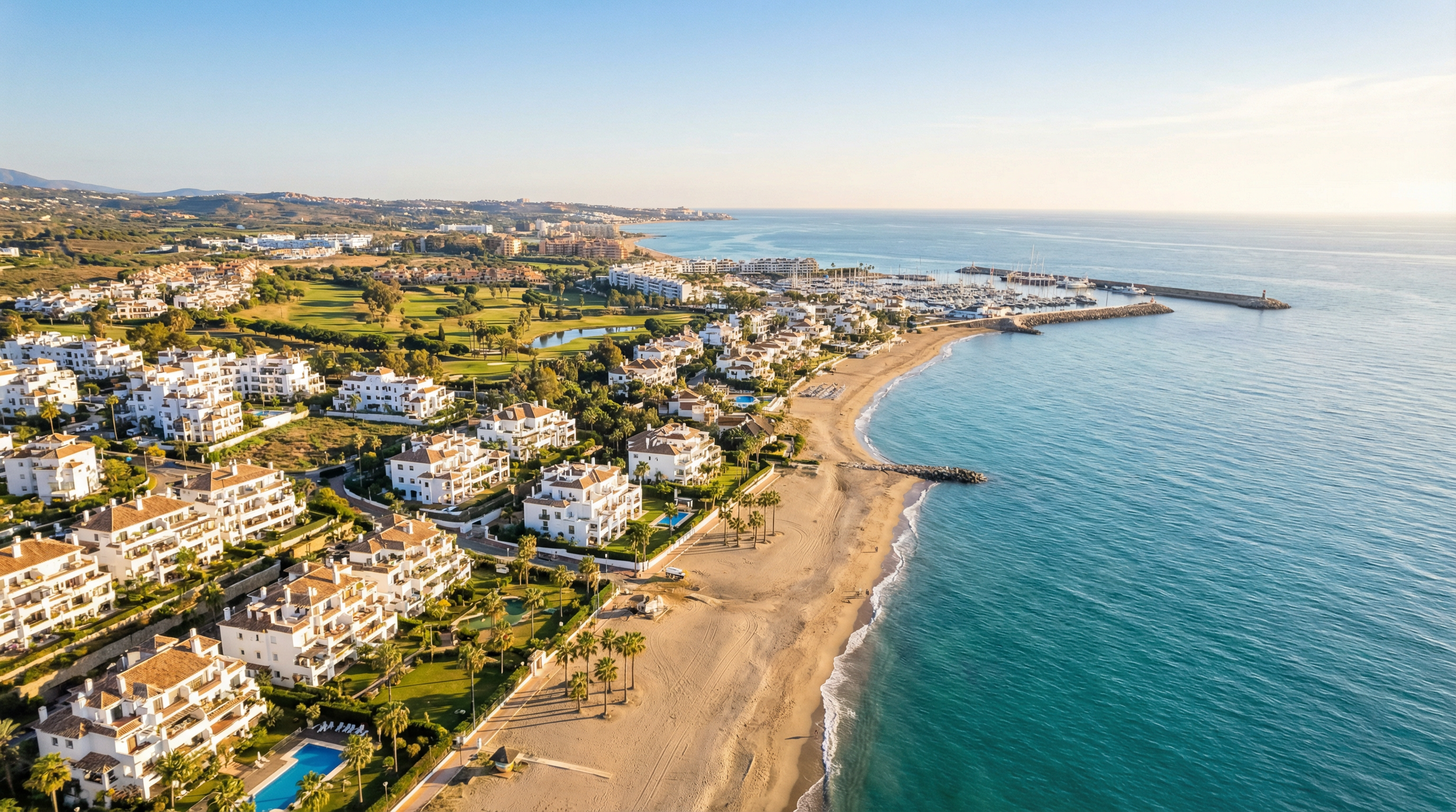 Aerial view of Manilva, Costa del Sol showing Mediterranean coastline, luxury properties, and best areas families opportunities