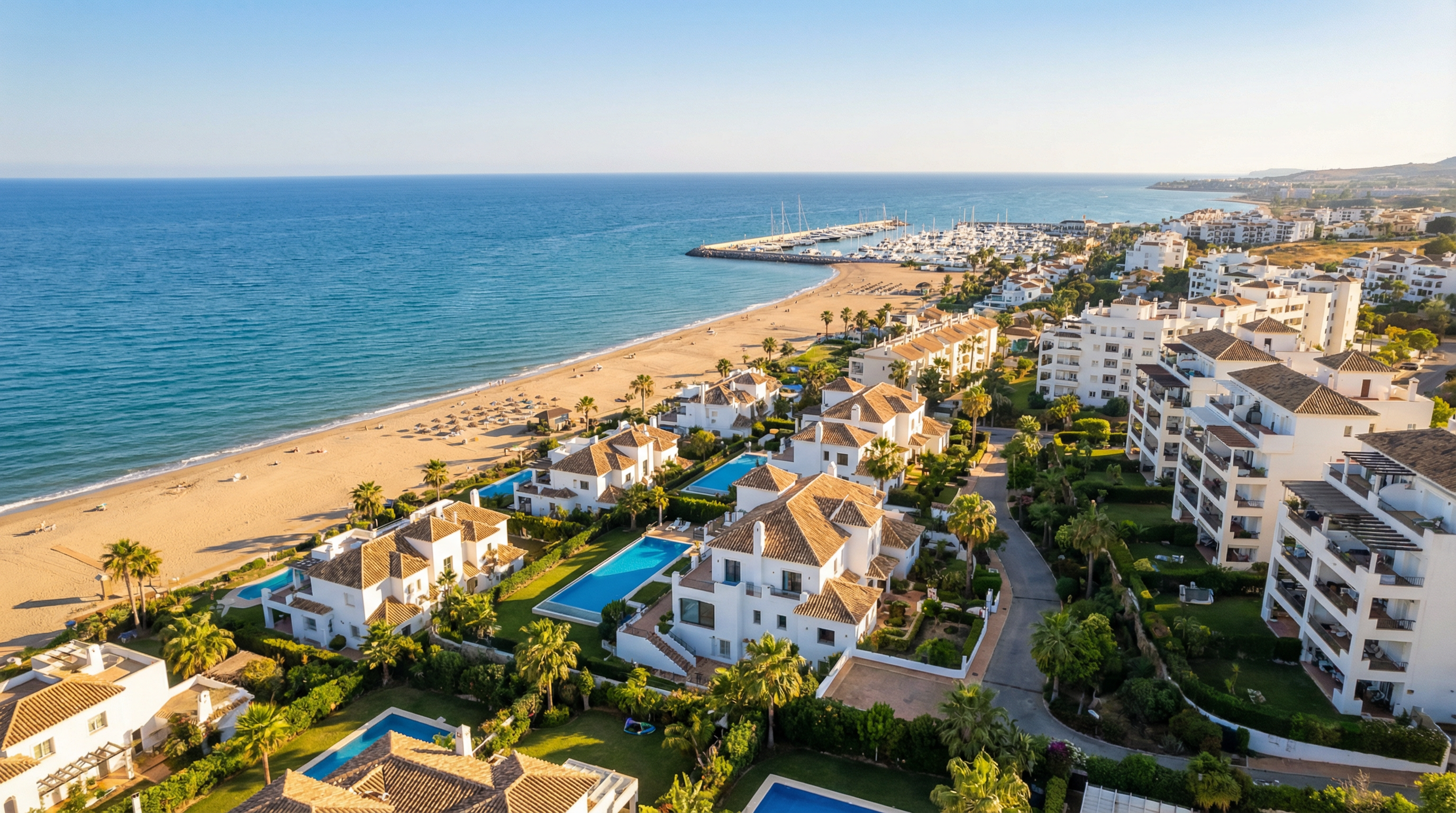 Aerial view of Manilva, Costa del Sol showing Mediterranean coastline, luxury properties, and best areas families opportunities