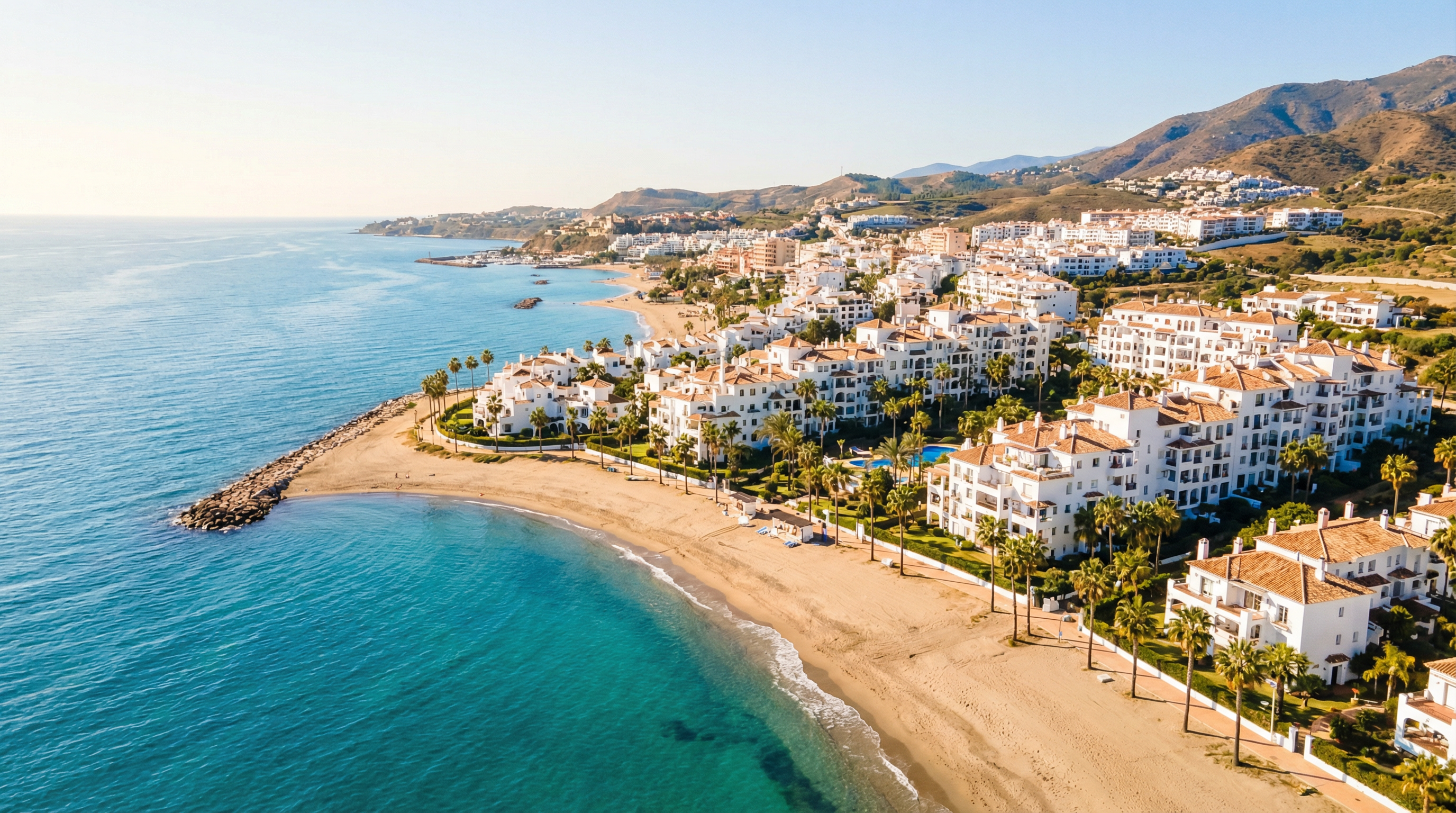 Aerial view of Manilva, Costa del Sol showing Mediterranean coastline, luxury properties, and best areas families opportunities