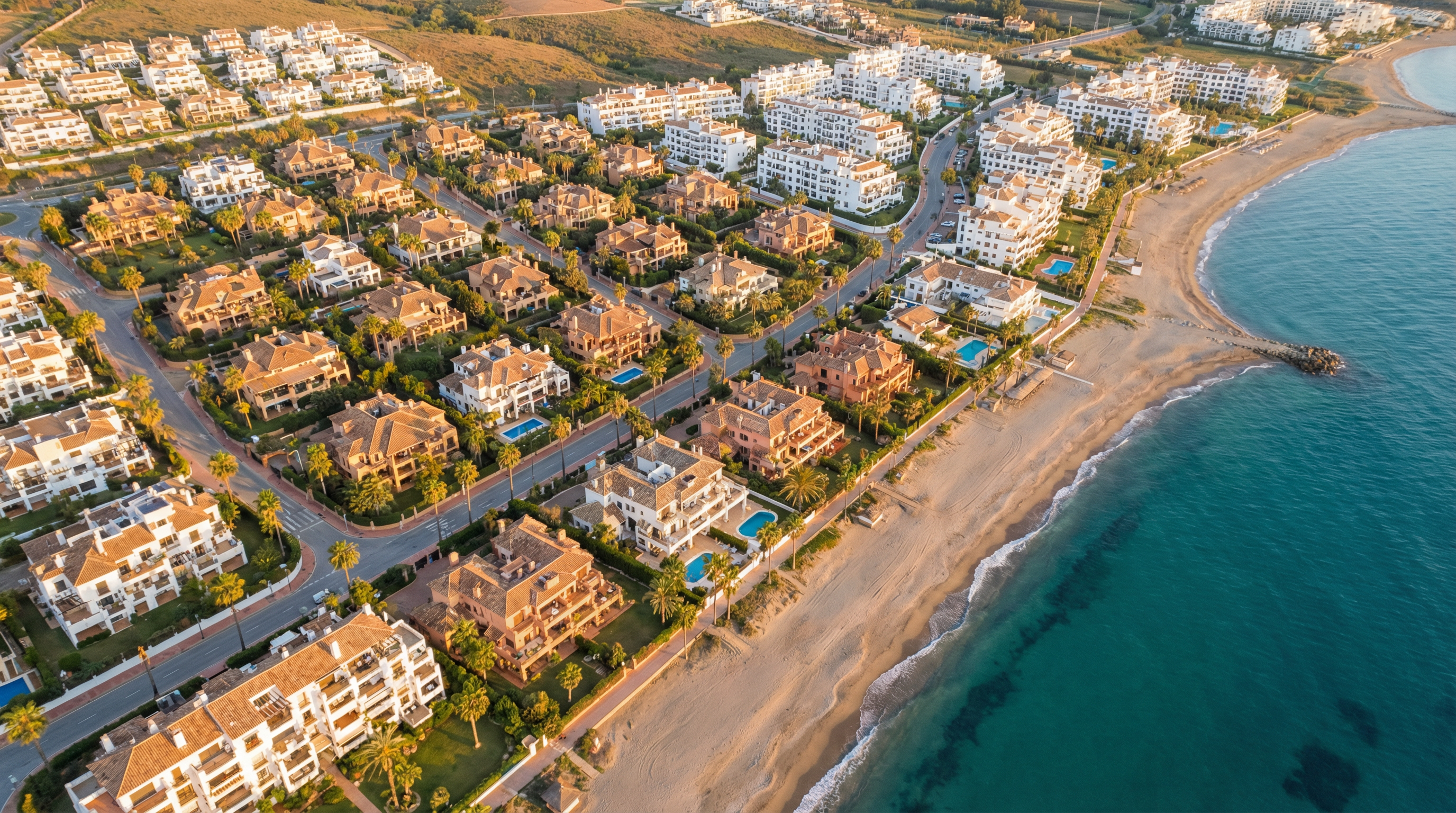 Aerial view of Manilva, Costa del Sol showing Mediterranean coastline, luxury properties, and best areas families opportunities