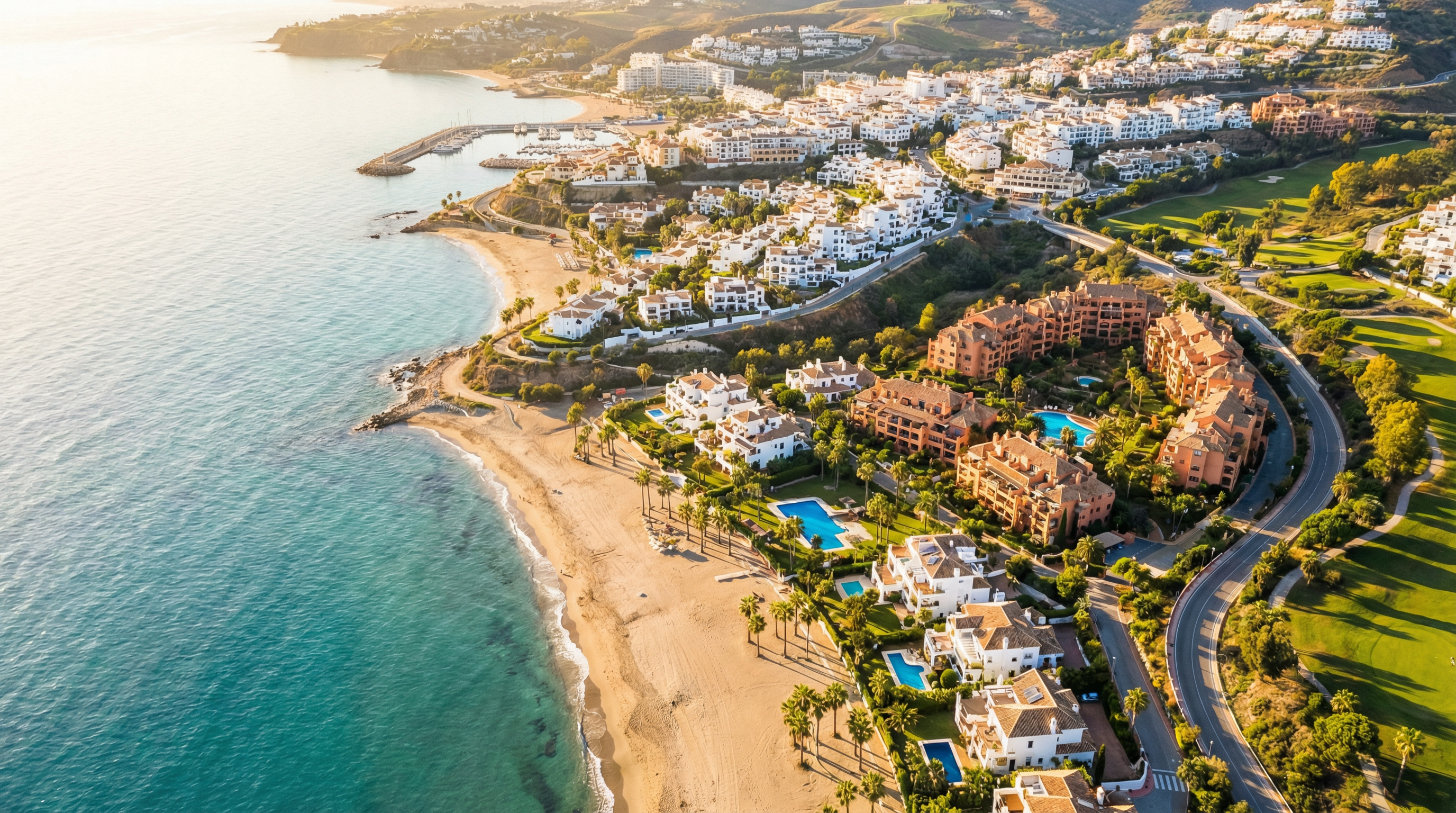 Aerial view of Manilva, Costa del Sol showing Mediterranean coastline, luxury properties, and best areas families opportunities