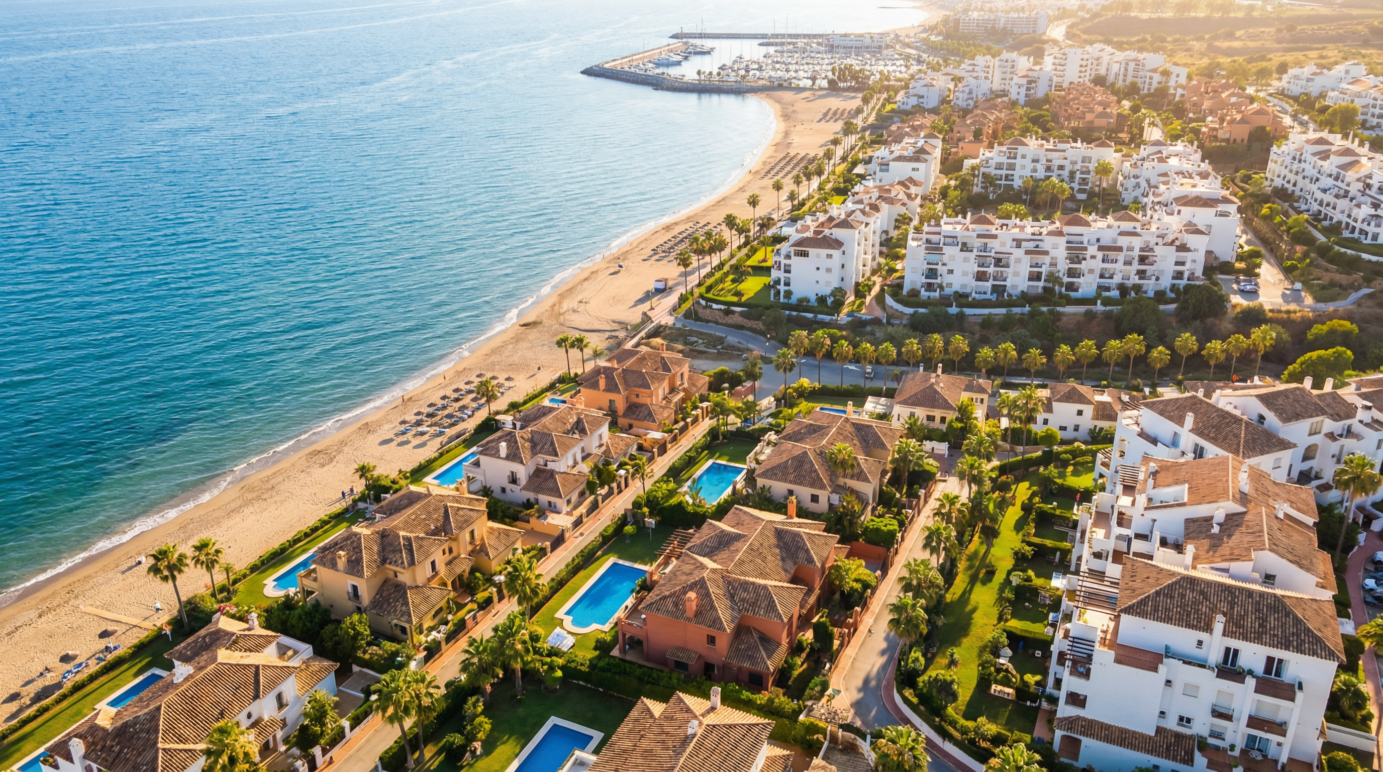 Aerial view of Manilva, Costa del Sol showing Mediterranean coastline, luxury properties, and best areas families opportunities