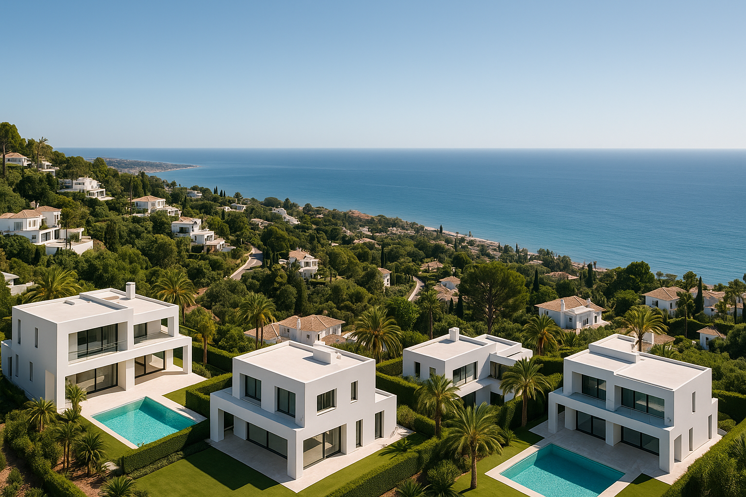 Aerial view of Marbella, Costa del Sol showing Mediterranean coastline, luxury properties, and cost of living opportunities