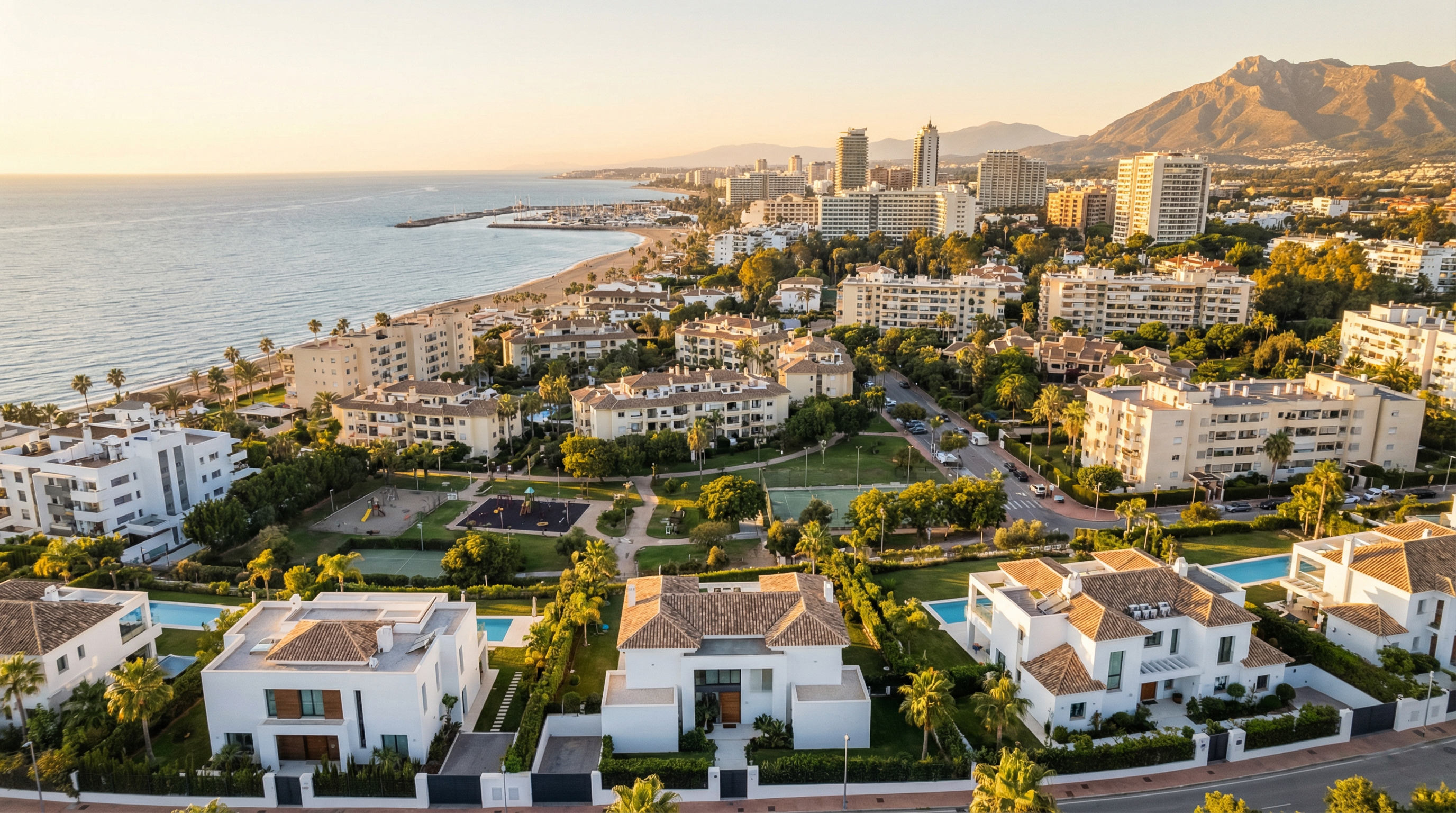 Aerial view of Marbella, Costa del Sol showing Mediterranean coastline, luxury properties, and best areas families opportunities